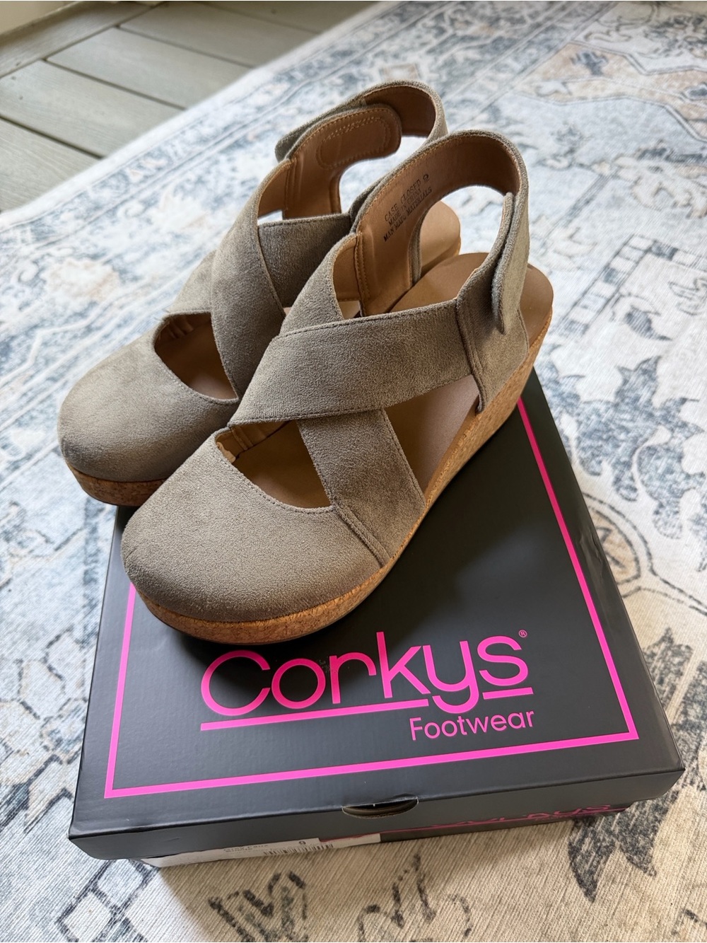Corkys Taupe Suede Crisscross Wedge Sandals